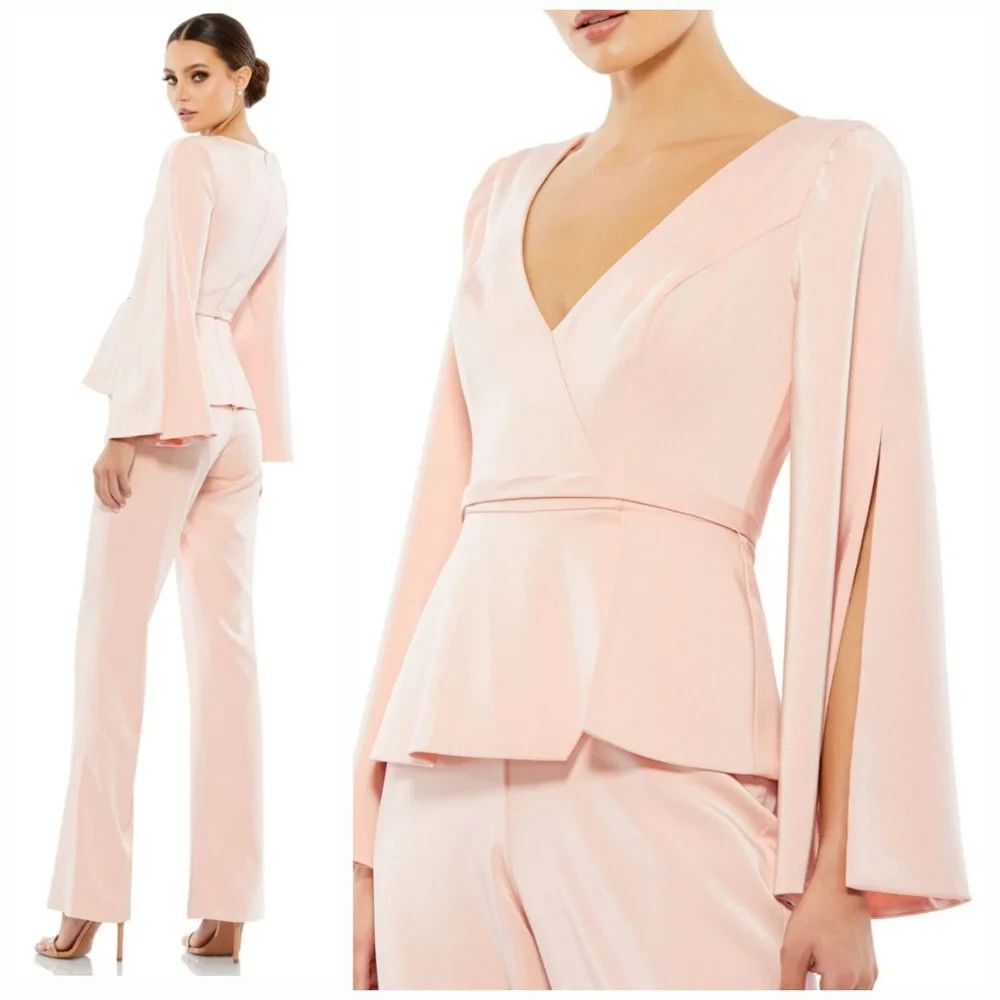 Mac Duggal Pink Long Sleeve Crepe Pant Suit V-Neck Size 2 NEW $458